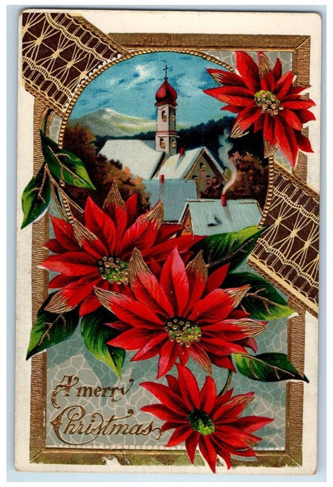 c1910's Christmas Pointessia Flowers Gel Gold Gilt Embossed Antique Postcard