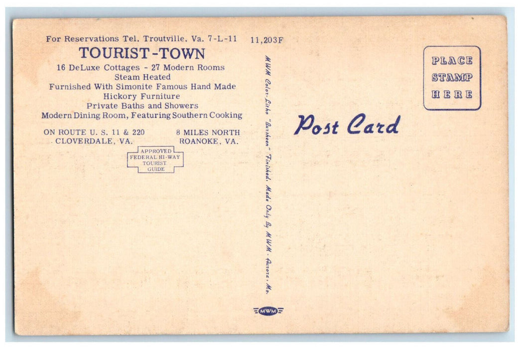 c1950's Multiview, Tourist-Town Cloverdale Virginia VA Vintage Postcard