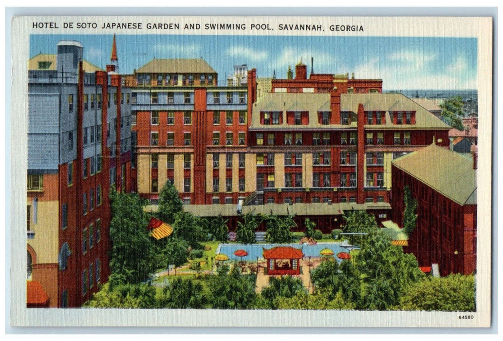 1939 Hotel De Soto Japanese Garden Pool Savannah Georgia GA Postcard