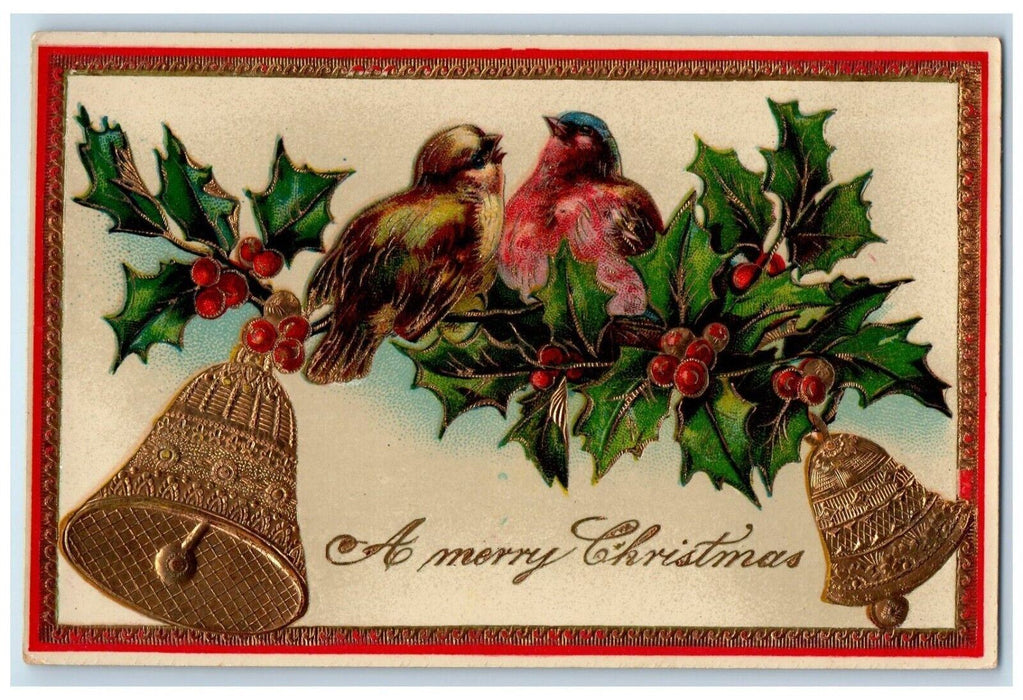 c1910's Christmas Singing Birds Bells Holly Gel Gold Gilt Embossed Postcard