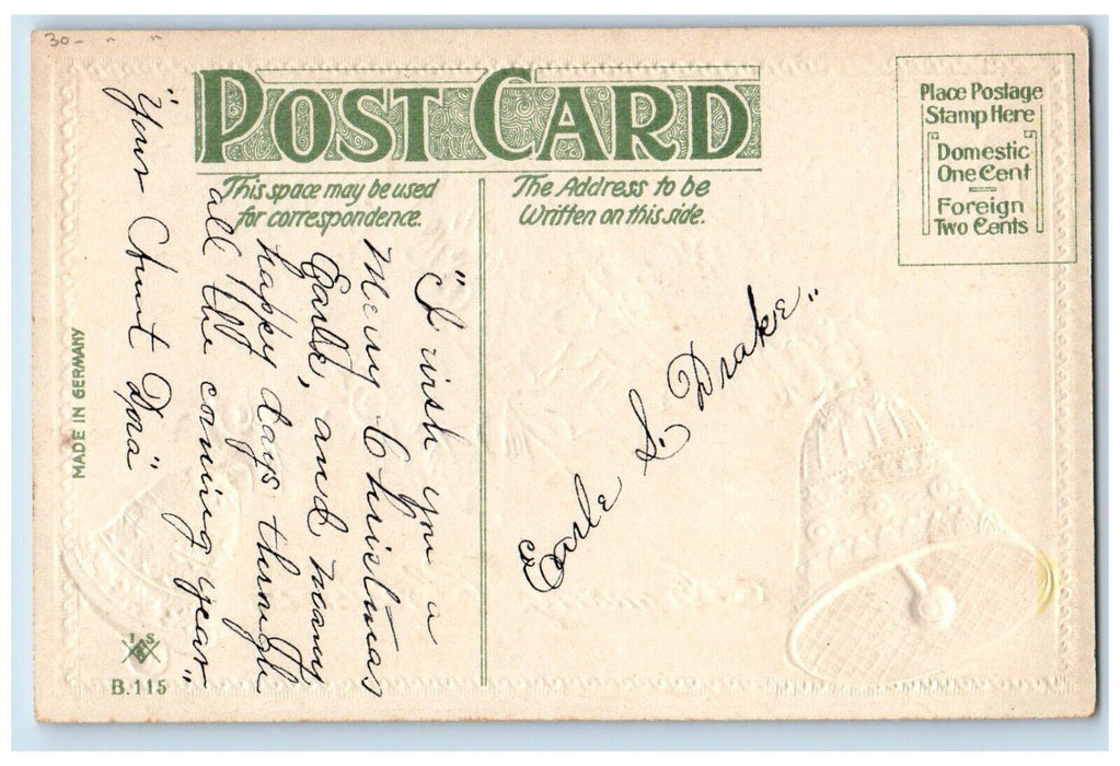 c1910's Christmas Singing Birds Bells Holly Gel Gold Gilt Embossed Postcard
