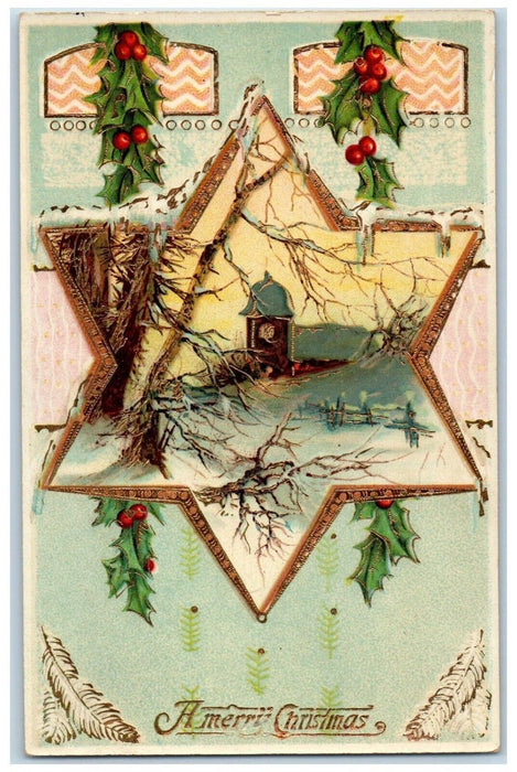 Christmas Big Star Winter Snow Tower Clock Gel Gold Gilt Antique Postcard