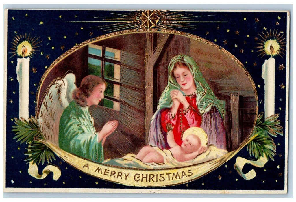 c1910's Christmas Baby Jesus Angel Candles Religious Gel Gold Gilt Postcard