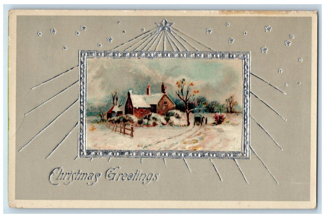 c1910's Christmas Greetings Winter Snow House Gel Gold Gilt Embossed Postcard