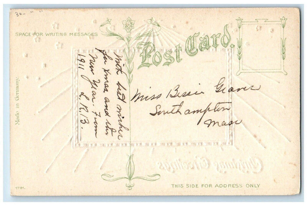 c1910's Christmas Greetings Winter Snow House Gel Gold Gilt Embossed Postcard