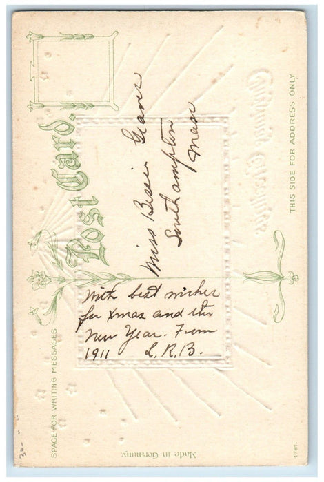 c1910's Christmas Greetings Winter Snow House Gel Gold Gilt Embossed Postcard