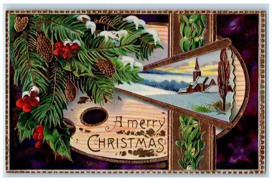 c1910's Christmas Pine Cone Holly Snow Winter Gel Gold Gilt Embossed Postcard