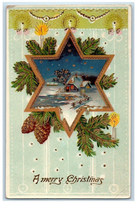 c1910's Christmas Pine Cone Winter Snow Candles Gel Gold Gilt Embossed Postcard