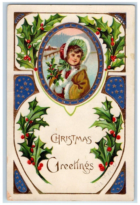 c1910's Christmas Girl Curly Hair Holly Berries Gel Gold Gilt Embossed Postcard