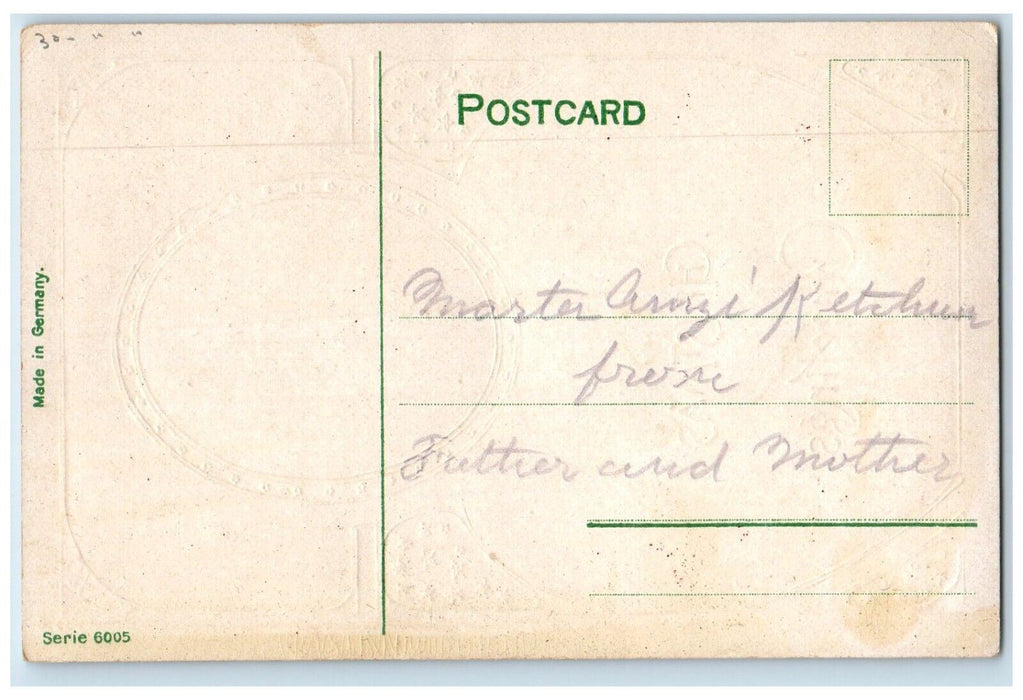 c1910's Christmas Girl Curly Hair Holly Berries Gel Gold Gilt Embossed Postcard
