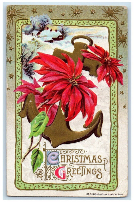 1913 Christmas Pointessia Flowers Winter Snow Gel Gold Gilt John Winsch Postcard