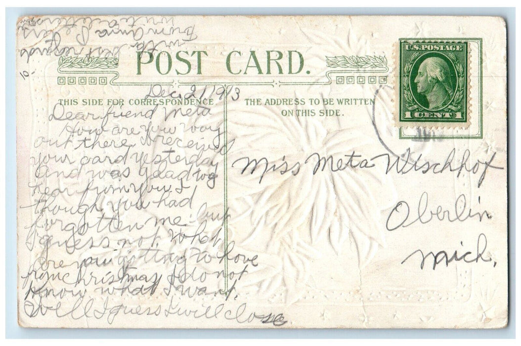 1913 Christmas Pointessia Flowers Winter Snow Gel Gold Gilt John Winsch Postcard