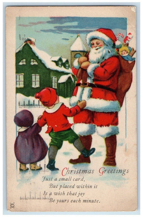 1924 Christmas Greetings Santa Claus Giving Toys Children Winter Snow Postcard