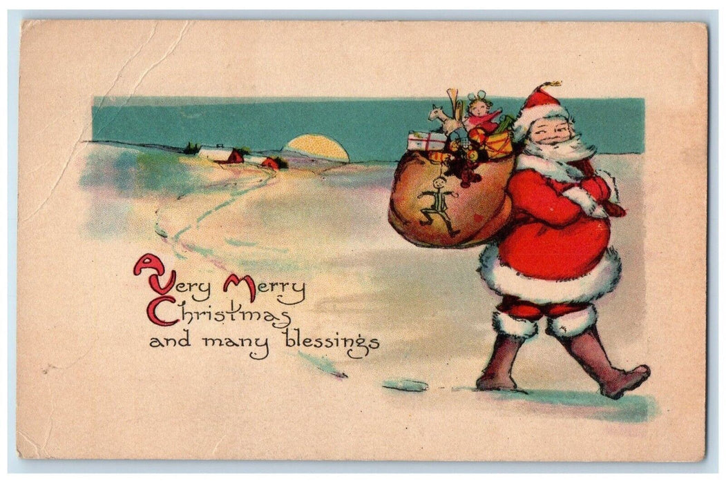 Christmas Santa Claus Sack Of Toys Sunset Winter Unposted Vintage Postcard