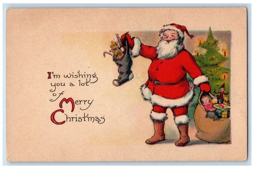 Christmas Santa Claus Sack Of Toys Stocking Christmas Tree Candles Postcard