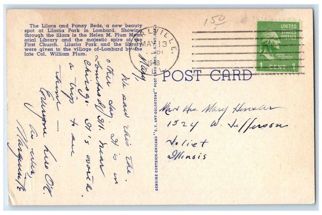 1948 Lilacs and Pansy Beds in Lilacia Park Lombard Illinois IL Vintage Postcard
