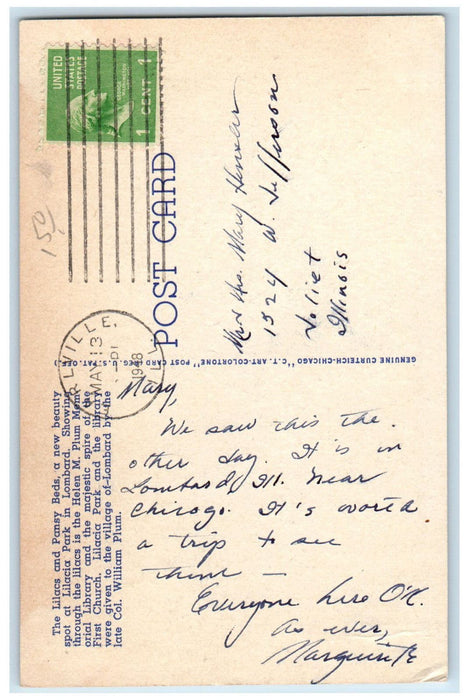 1948 Lilacs and Pansy Beds in Lilacia Park Lombard Illinois IL Vintage Postcard
