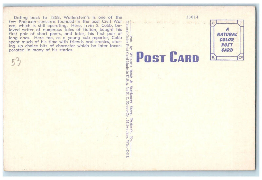 c1950's Irvin S. Cobb Historical Spot of Paducah Kentucky KY Vintage Postcard