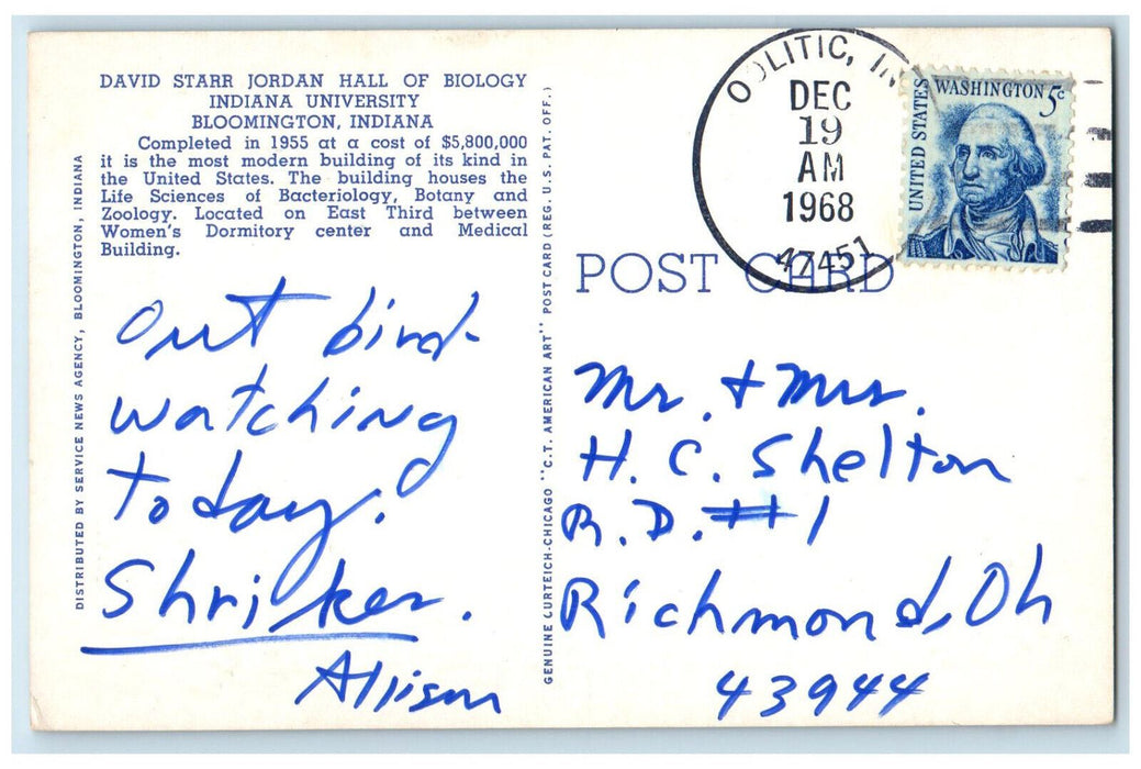 1968 Jordan Hall (Life Sciences) Indiana University Bloomington IN Postcard