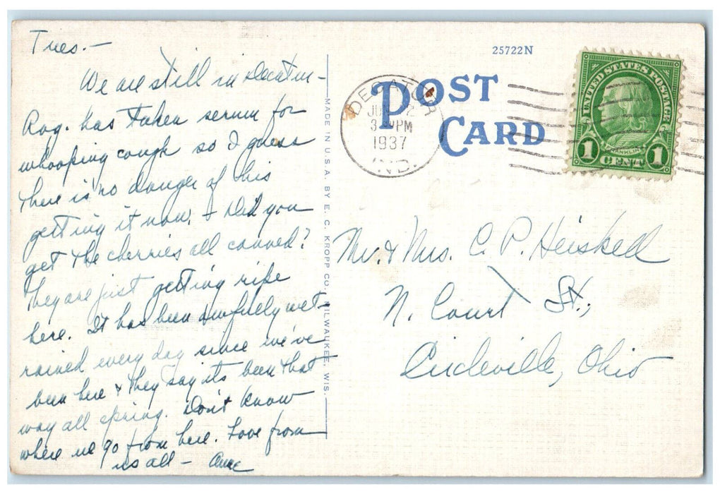 1937 Entrance to Post Office Decatur Indiana IN Posted Vintage Postcard