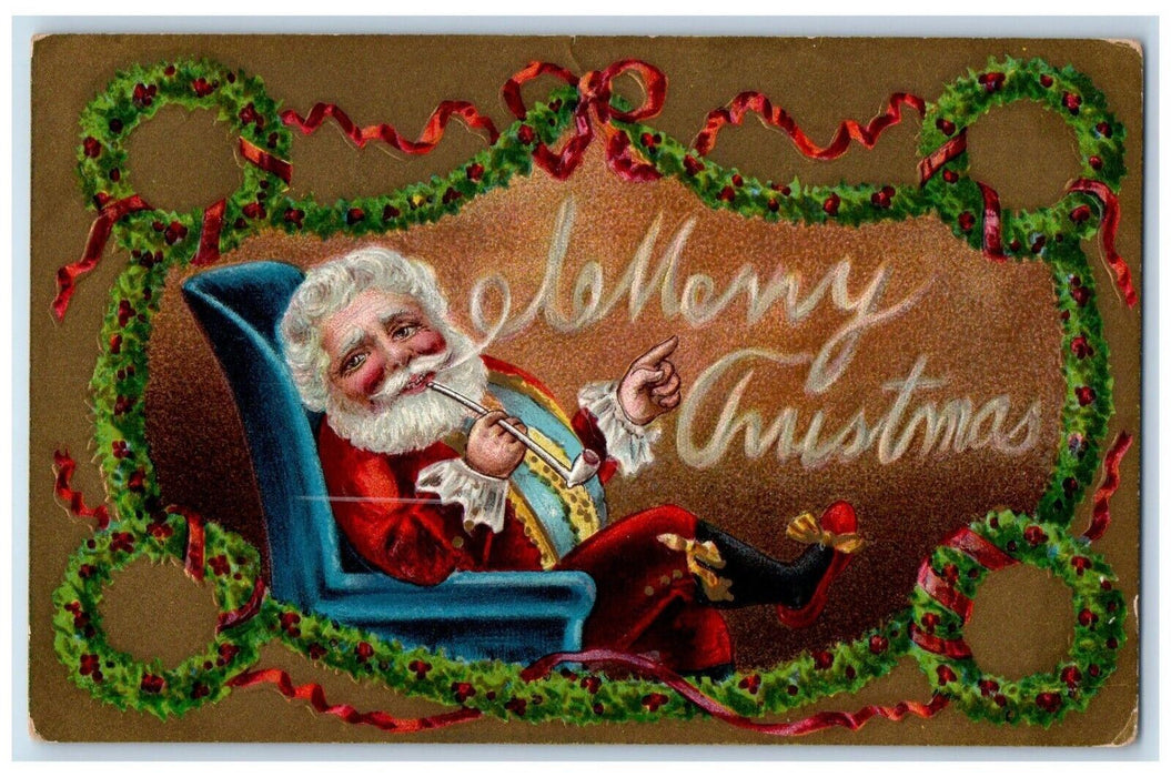 1909 Christmas Santa Claus Sitting Pipe Holly Berries Red Ribbon Posted Postcard