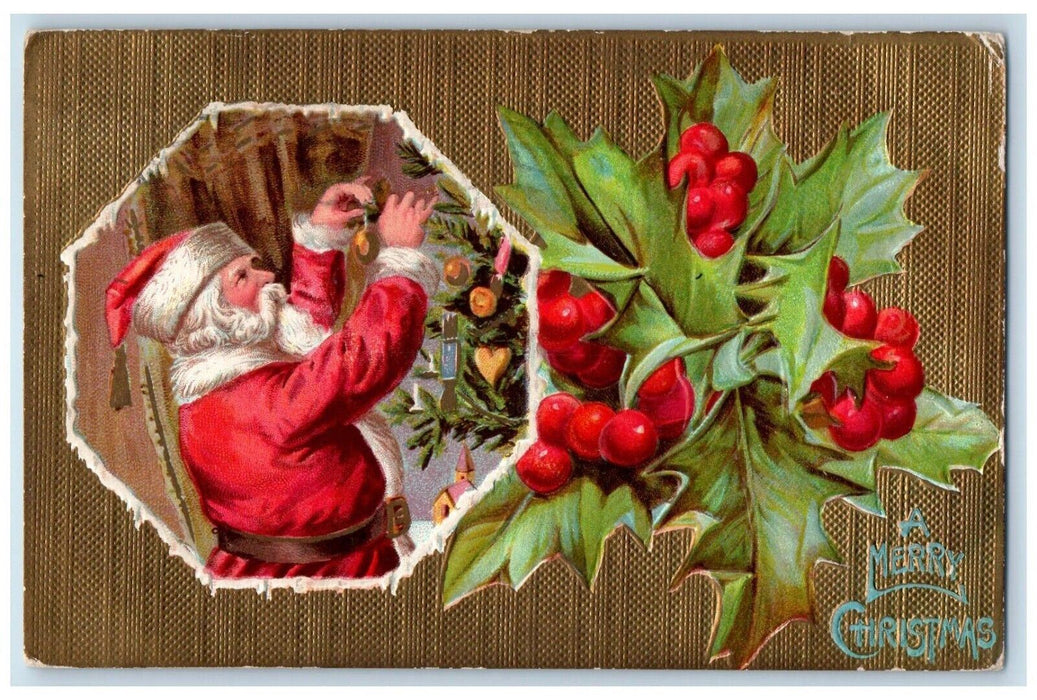 1910 Christmas Santa Claus Decorating Christmas Tree Balls Holly Posted Postcard