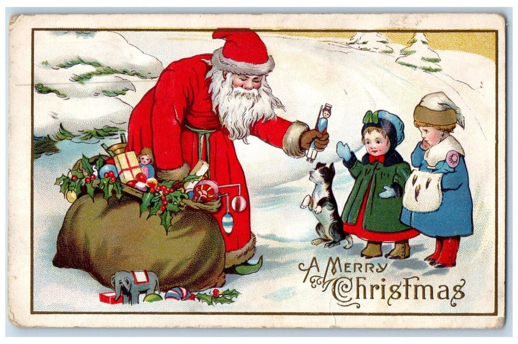 c1910's Christmas Santa Claus Giving Toys Children Dog Embossed Antique Postcard