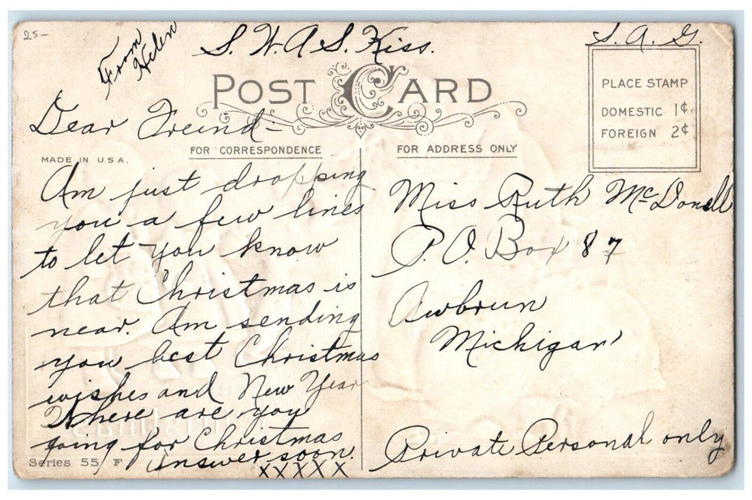 c1910's Christmas Santa Claus Giving Toys Children Dog Embossed Antique Postcard