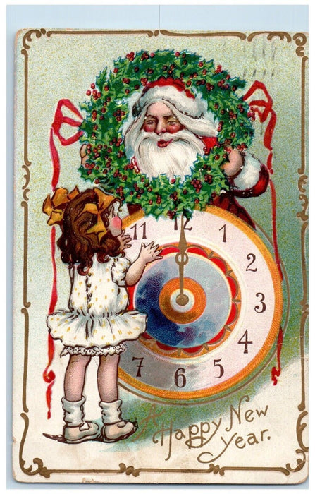 Christmas New Year Santa Claus Head In Wreath Little Girl Clock Tuck's Postcard