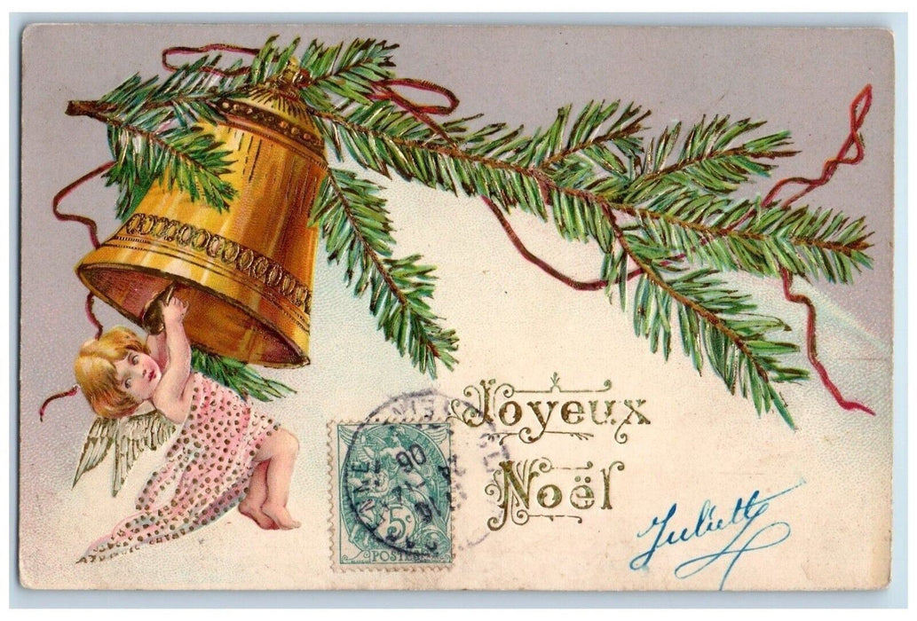 Christmas Joyeux Noel Angel Ringing Giant Bell Pine Embossed Antique Postcard
