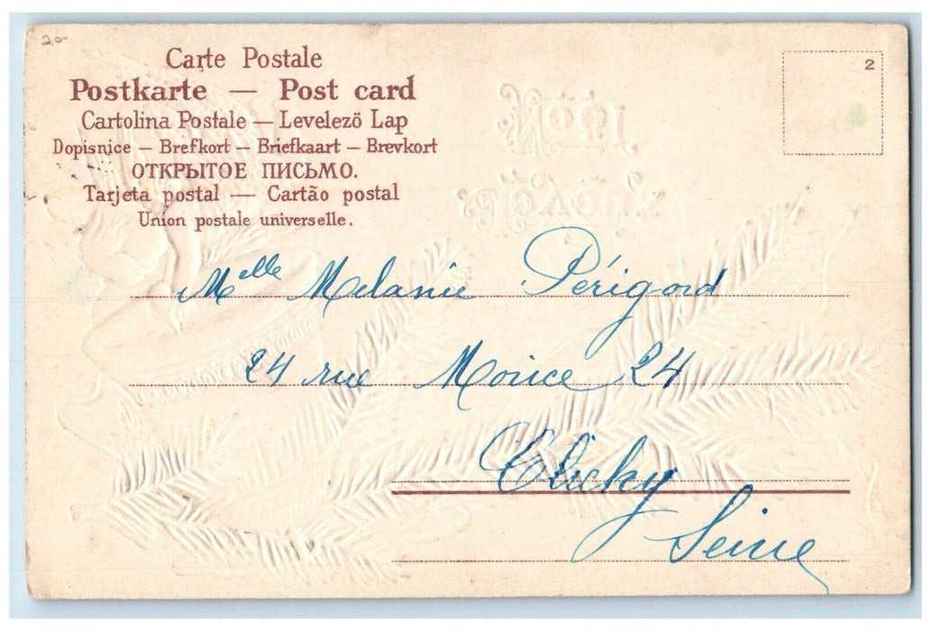 Christmas Joyeux Noel Angel Ringing Giant Bell Pine Embossed Antique Postcard
