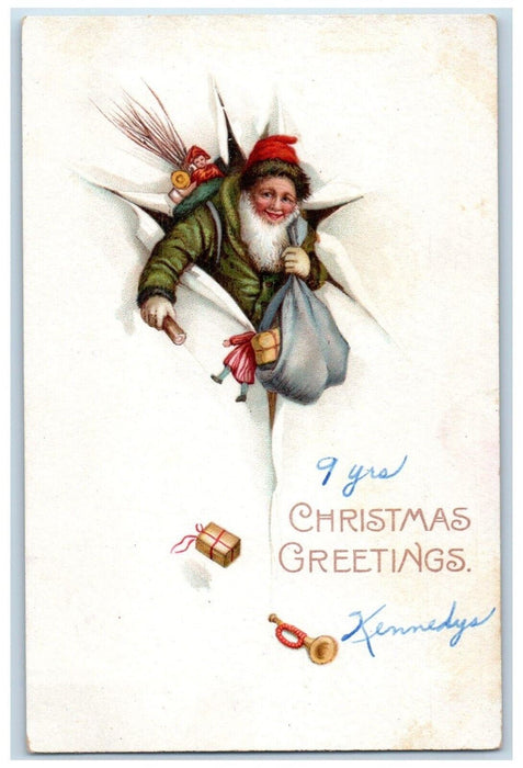 1916 Christmas Greetings Santa Green Robe Sack Of Toys Gift Trumpet Postcard