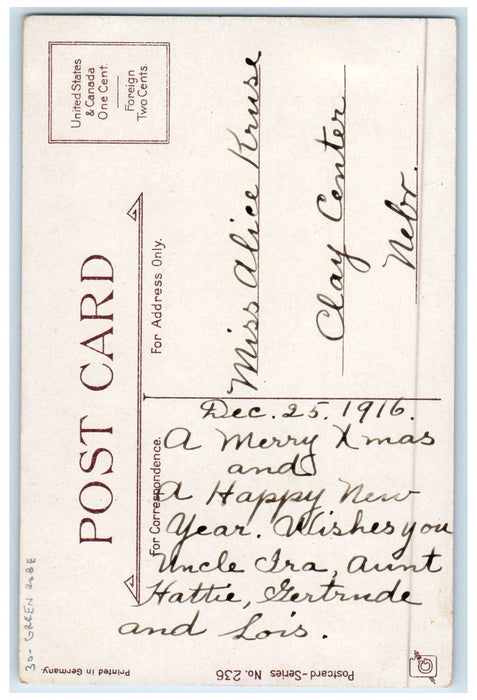 1916 Christmas Greetings Santa Green Robe Sack Of Toys Gift Trumpet Postcard