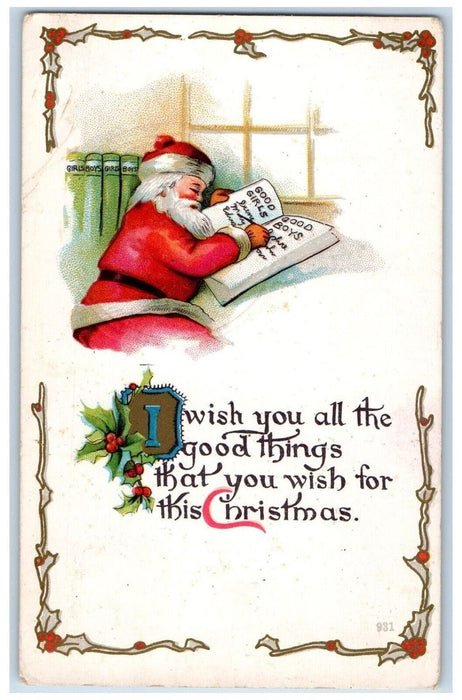 1914 Christmas Santa Claus Writing List Holly Embossed Posted Antique Postcard