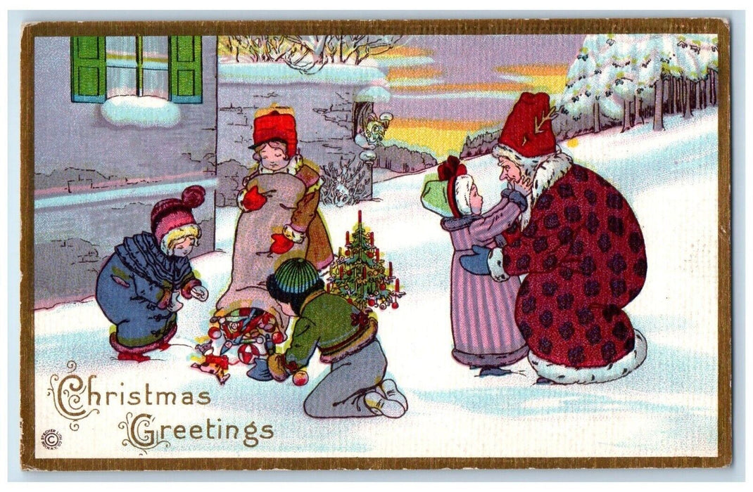 c1910's Christmas Greetings Santa Claus Sack Of Toys Family Gifts Postcard