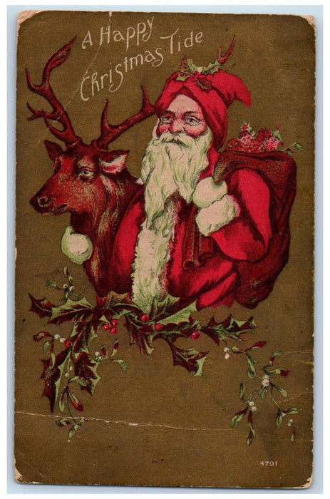 c1910's Christmas Santa Claus Reindeer Sack Of Toys Holly Unposted Postcard