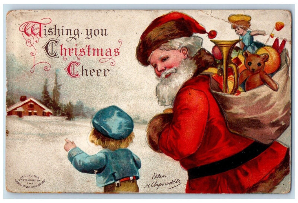 1908 Christmas Santa Claus Boy Sack Of Toys Ellen Clapsaddle Embossed Postcard