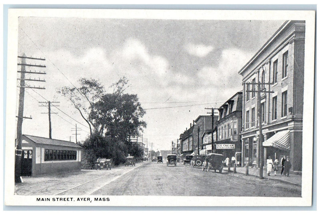 c1920's Main Street Ice Cream Shop Cars Ayer Massachusetts MA Postcard