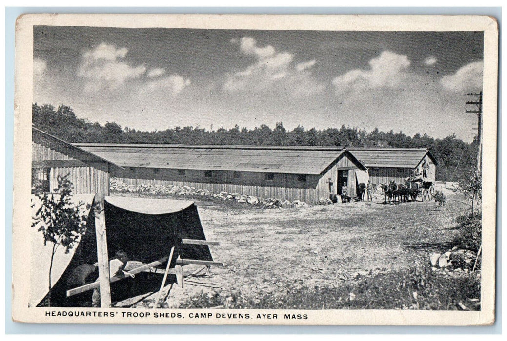 1918 Headquarters Troop Sheds Camp Devens Ayer Massachusetts MA Postcard