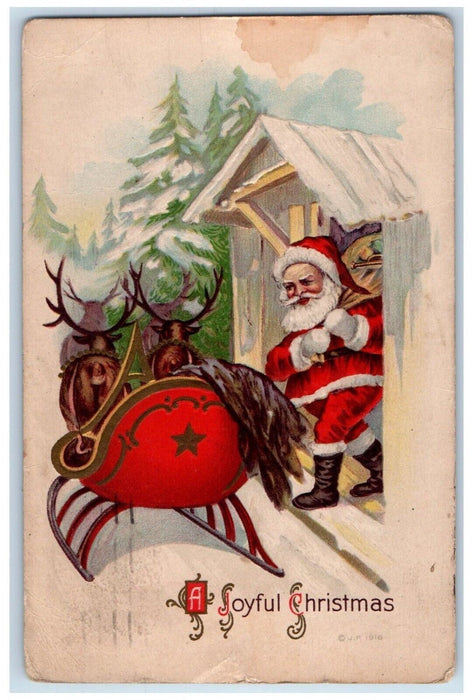 1916 Christmas Santa Claus And His Reindeer Sack Of Toys Embossed Postcard