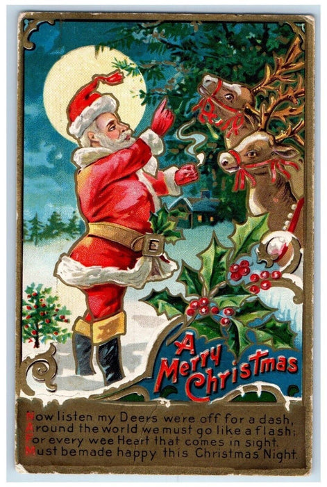 1908 Christmas Santa Claus Reindeer Pine Cone Embossed Worcester MA Postcard