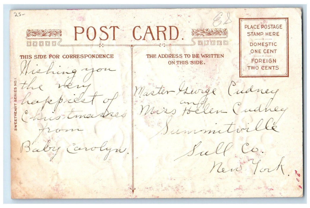 c1910's Christmas Santa Claus Pipe Angel Holly Giant Bell Embossed Postcard