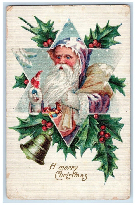1910 Christmas Santa Claus Purple Robe Toys Holly Bell Embossed Antique Postcard