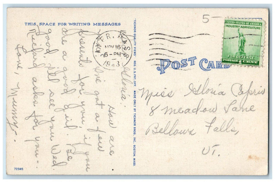 1943 Entrance View, Post Office Ayer Massachusetts MA Vintage Posted Postcard