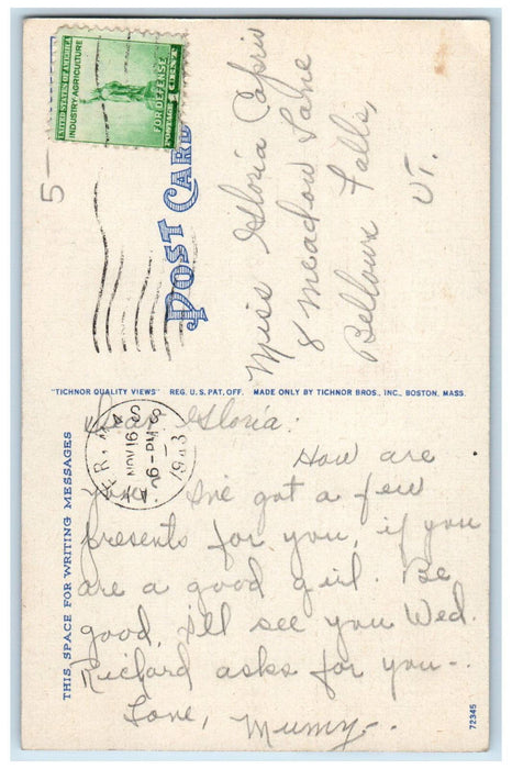 1943 Entrance View, Post Office Ayer Massachusetts MA Vintage Posted Postcard
