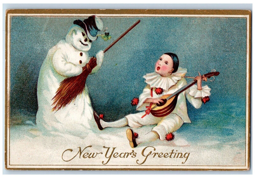 1911 New Year Greeting Boy Playing Banjo Anthropomorphic Mad Snowman Postcard