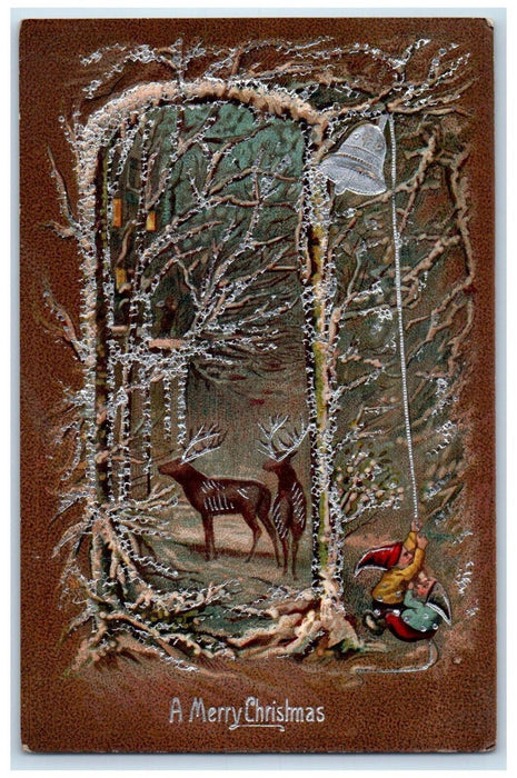 1907 Christmas Reindeer Elves Ringing Bell Embossed Posted Antique Postcard