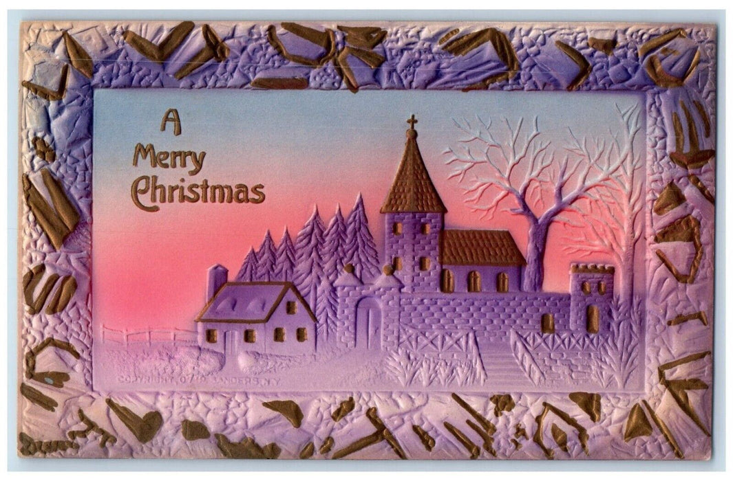c1910's Christmas House Church Winter Snow Airbrushed Embossed Antique Postcard