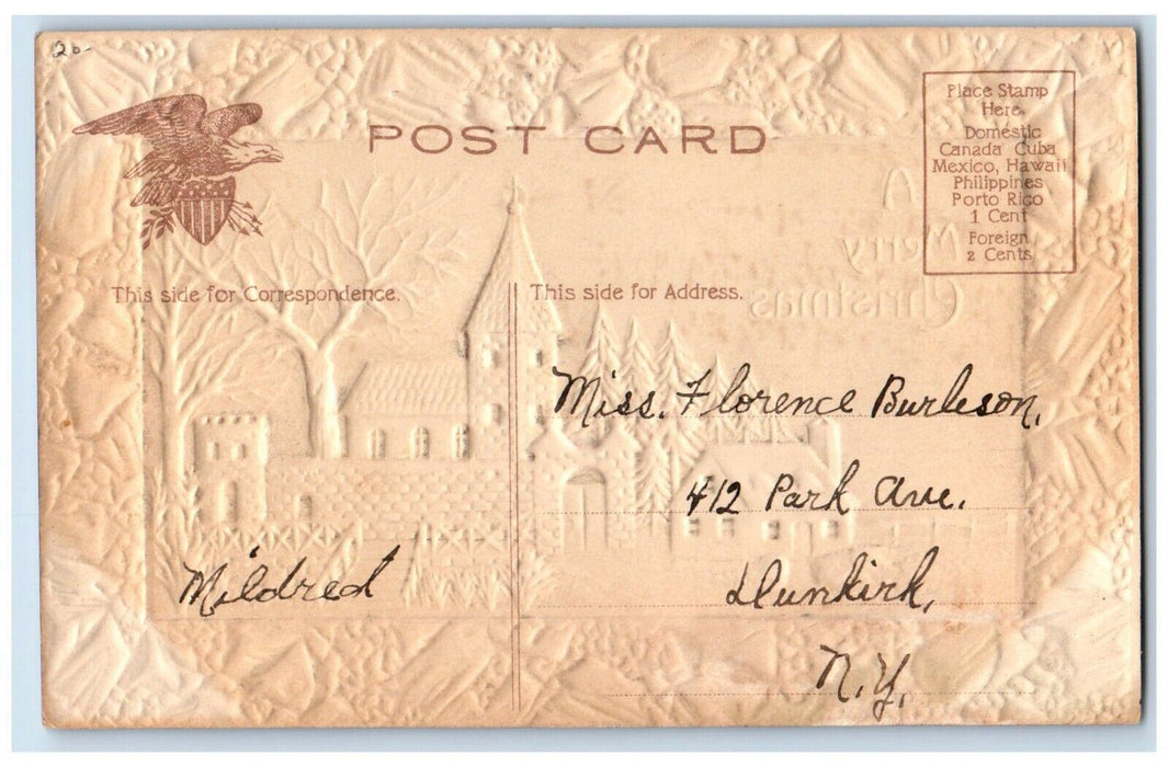 c1910's Christmas House Church Winter Snow Airbrushed Embossed Antique Postcard