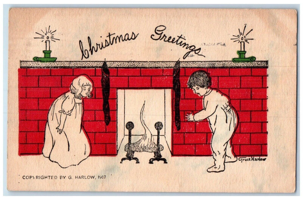 1910 Christmas Greetings Fireplace Stockings Grace Harlow Artist Signed Postcard